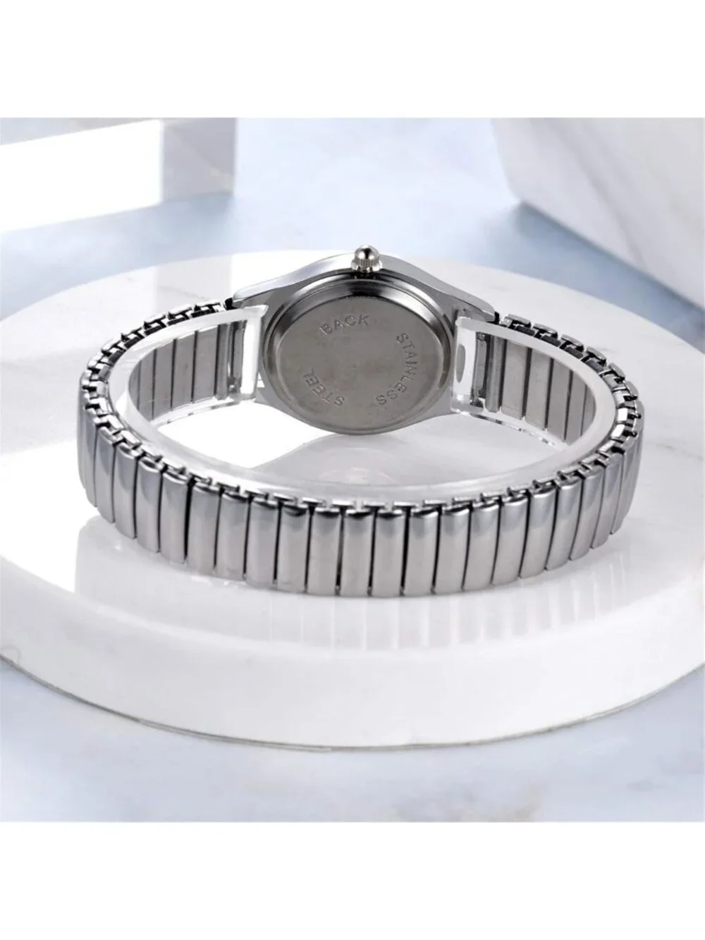 Women's Silver Analog Quartz Luminous Easy Reader Stretch Band Round Wrist Watch